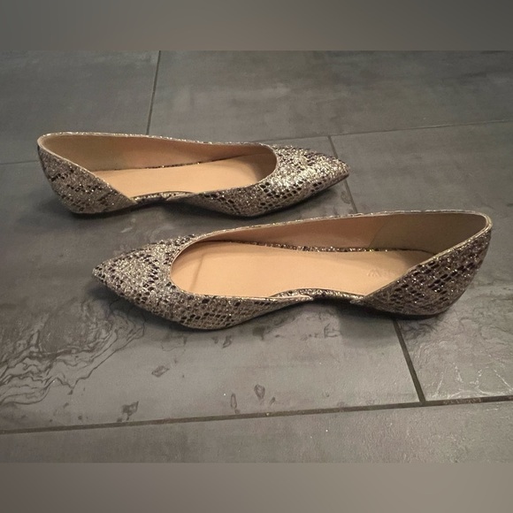 J Crew Glitter Snakeskin D’Orsay dorsay Audrey Flats Size 7 Gold Bown EUC - Picture 5 of 9